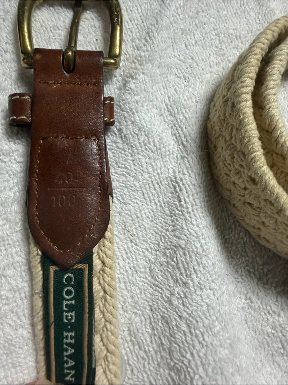Cole Haan Cream Woven Rope Belt with Brown Leather Trim 40”